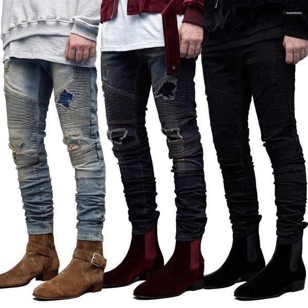 

designer holes pencil jean pants mens clothing hip hop mens designer jeans fashion casual ripped draped, Blue