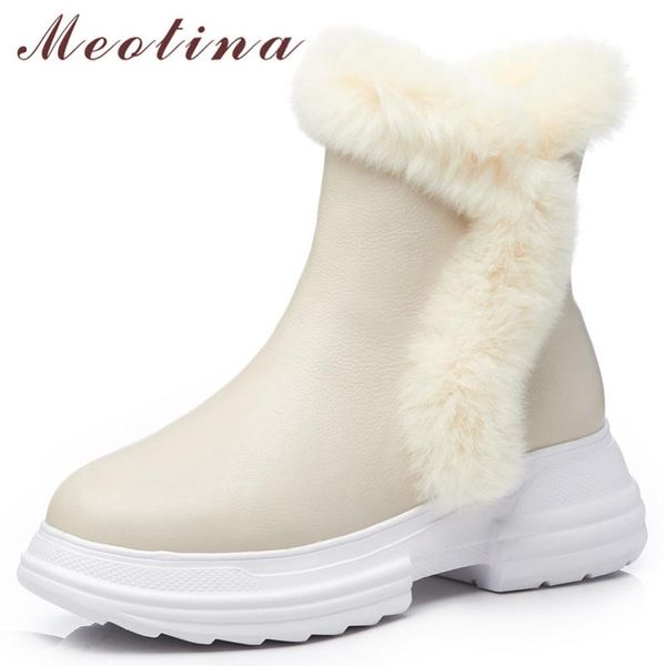 

meotina real fur snow boots women natural genuine leather flat platform ankle boots bow warm wool zipper shoes female winter 39, Black