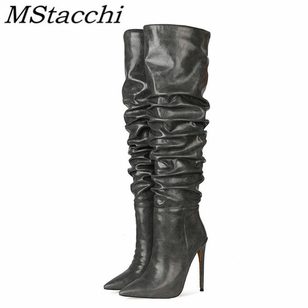 

mstacchi microfiber pleated pointed women high heel boots solid color plush in rome classics madam shoes botas plataforma, Black