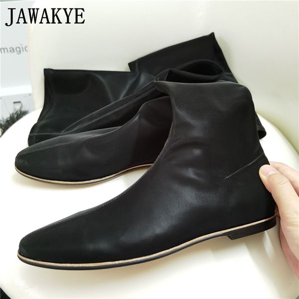 

soft velvet leather thigh high sock boots round toe flat heel european designer winter shoes women's long boots, Black