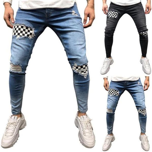 

holes biker skateboard sports pencil pants for men street style long pantalones mens designer skinny jeans, Blue