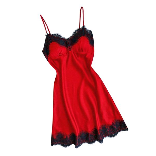 

women lace trim satin nightdress lingerie sleepwear night gown red, White