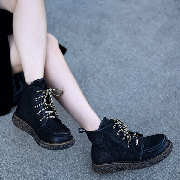 

artmu original fashion flat platform women short boots female ankle boots lace up genuine leather martins new shoes, Black