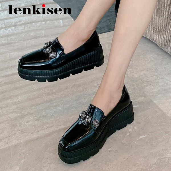 

lenkisen british school full grain leather crystal decorations thick bottom wedges square toe high heel slip on women pumps l5f4, Black