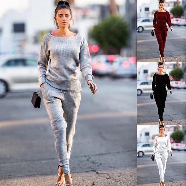 

women round neck long-sleeved t-shirt solid color drawstring long pants suit set ladies sports blouse trousers set, Black;red