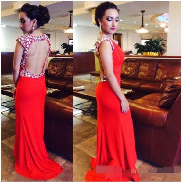 

2020 custom made mermaid evening dresses red prom dress bling beaded crystal jewel neck elegant backless chiffon formal party gowns, Black;red