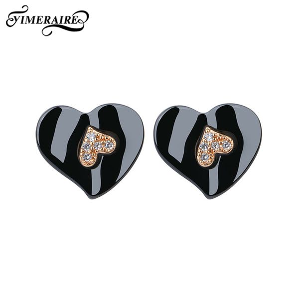 

fashion 585 rose gold heart stud earrings with smooth black ceramic for women shining rhinestone engagement party jewelry gifts, Golden;silver