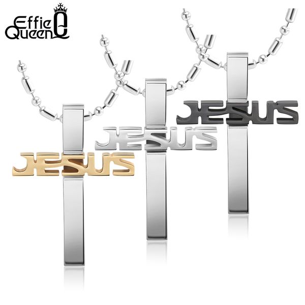 

effie queen black gold stainless steel jesus cross pendant necklaces long chain men religious jewelry accessories fn03, Silver