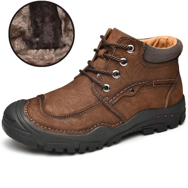 

men's boots genuine leather men shoes fur warm snow boots lace up non-slip ankle botas hombre plus size 46 zapatos, Black