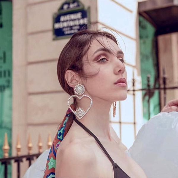 

gorgeous rhinestone big heart charms dangle earrings for women fashion jewelry big statement earrings accessory, Silver