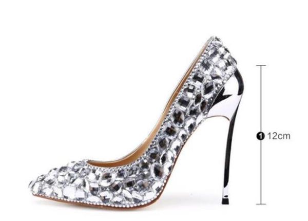 

genuine leather luxury designer rhinestone wedding shoes pointed 12cm high-heeled silver bridal dress shoes with box, Black