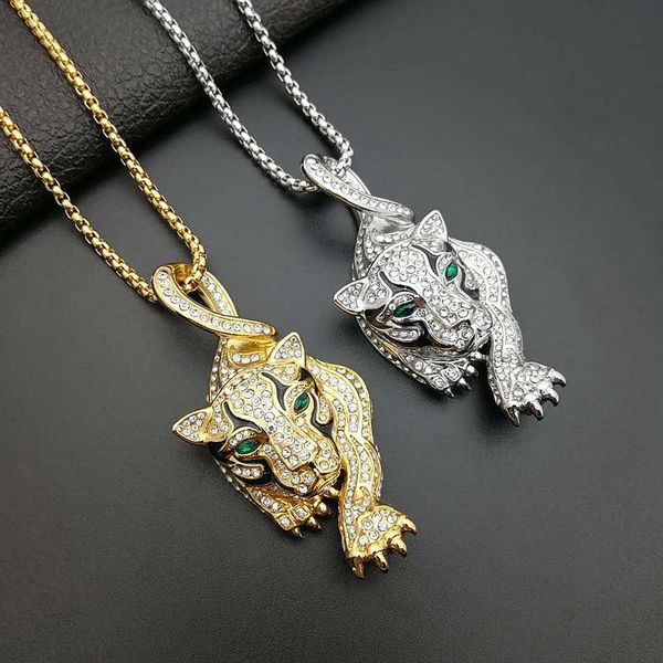 

pendant necklaces hip hop rhinestones paved bling iced out stainless steel leopard cheetah panther pendants necklace for men rapper jewelry, Silver
