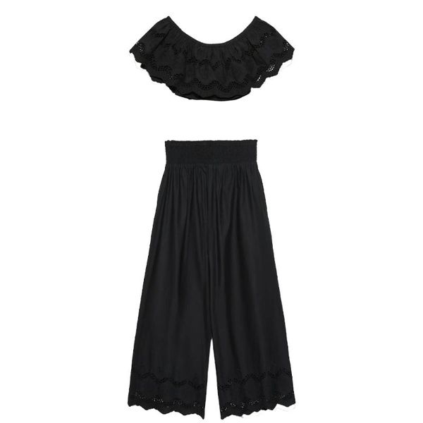 

2020 new summer women two piece set crop cutwork embroidery elastic & loose trousers high-waist ensemble femme chandal mujer, Gray