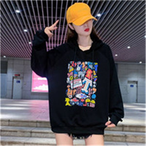 

20fw women hoodies cartoon print autumn winter with hat sweatshirt fashion streetwear size m-xl, Black