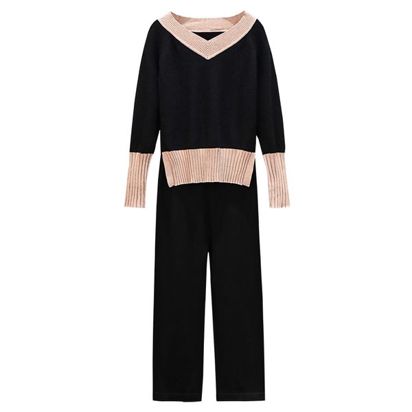 

большого yards v neck пуловер свитер брюки костюмы женщины осень outfit новая двухсекционный комплект одежда трикотаж досуг трикотажная одеж, Black