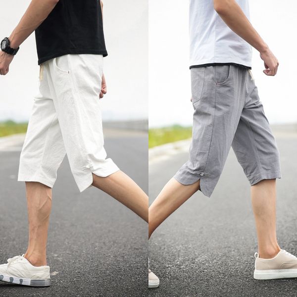 

cotton and linen shorts men's ankle-length shorts beach summer 2020 new chinese style solid colorcropped men's pants loose beach p, Blue