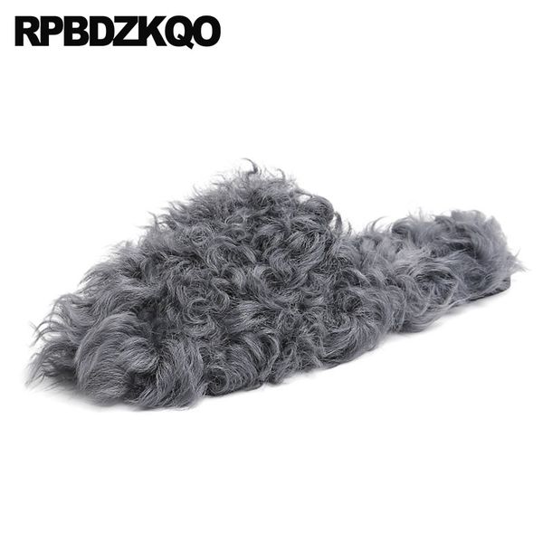 

fashion real fur fuzzy slides sheepskin korean footwear winter designer shoes women luxury 2020 5 slippers plain wool fluffy, Black