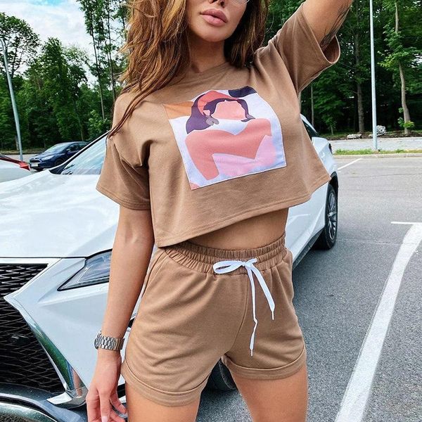 

women cartoon printed short-sleeved round neck t-shirt shorts trousers sets suit ladies pullover blouse pants suits, Gray