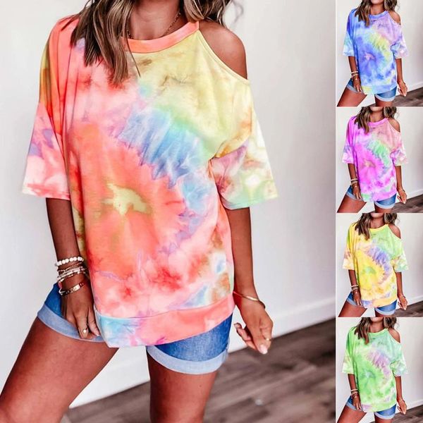 

повседневный стили mulit одежда tie dye женщин дизайнер tshirts мода dew плечо короткие рукава женщин тройники, White