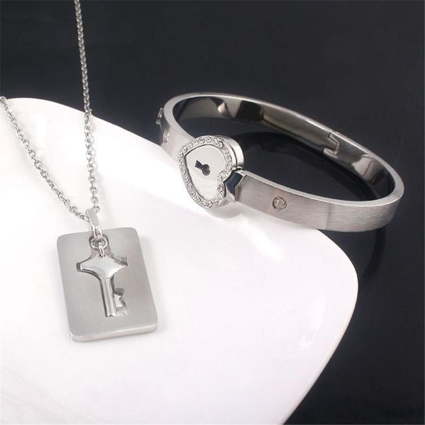

valentine's day gift titanium steel couple love lock peach heart concentric lock bracelet key kit necklace men women interlock, Silver