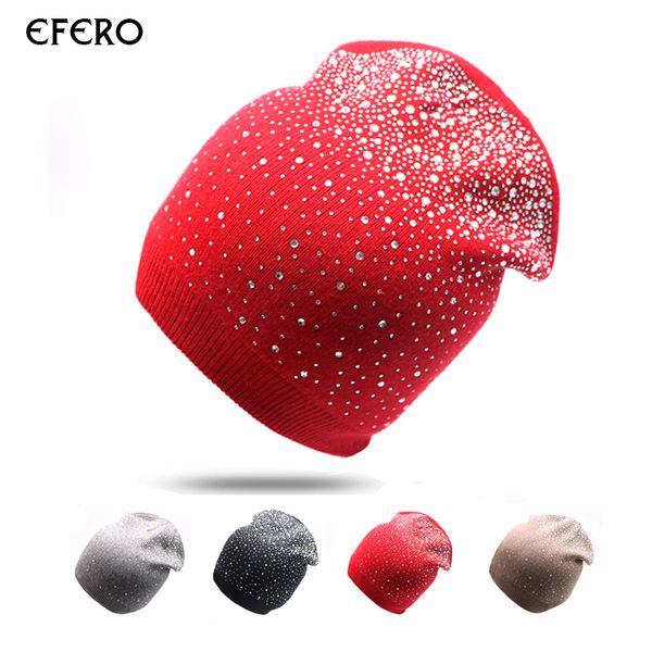 

efero вязаная шапочка шапки женщины зимние шапочки bonnet femal капоты роковых девушек skullies hat touca gorros проблесковый rhinestone, Blue;gray