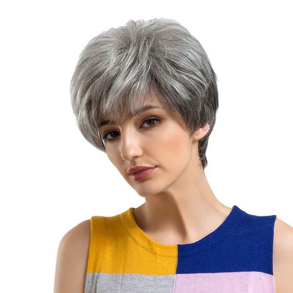 

chic short wigs for women human hair w/ bangs fluffy layered pixie cut wig, Black