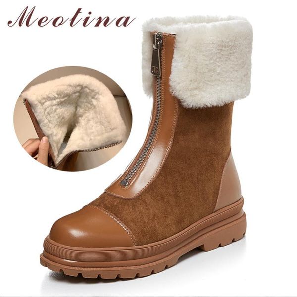 

boots meotina winter real fur snow women natural genuine leather flat platform ankle warm plush zipper shoes ladies 34-39, Black