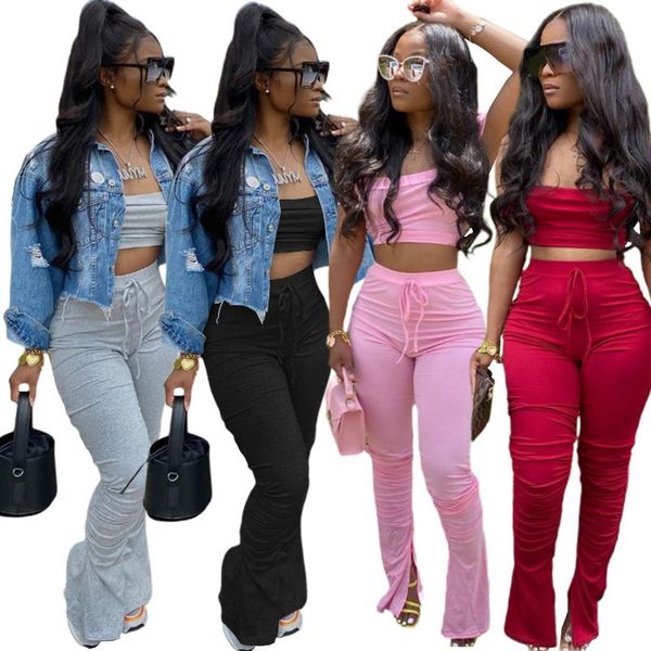 

echoine 2020 summer sport solid women two piece set tracksuits crop stacked flare jogger pants suit outfits matching set, Gray