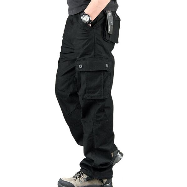 

pants men cargo trousers mens casual multi pocket military overall outdoors loose long trousers joggers army tactical pants, Black