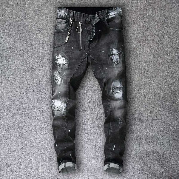 

mens jeans autumn winter new brushed stitching men's slim stretch jeans black beggar pants hip hop men los hombres, Blue