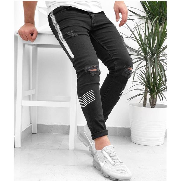 

new 2020 mens casual hole ripped skinny elastic pencil pants male frayed slim fit cargo pants trousers leggings, Black