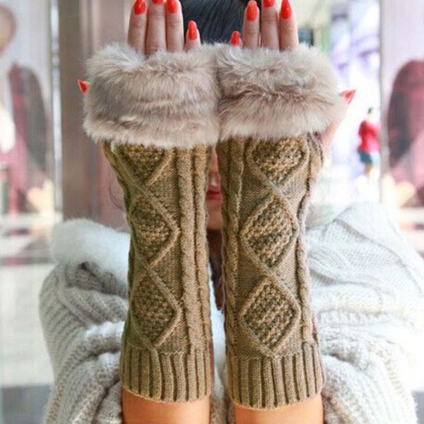 

11.11 women solid color fingerless long knitted gloves faux fur arm sleeves warmers christmas gift, Blue;gray