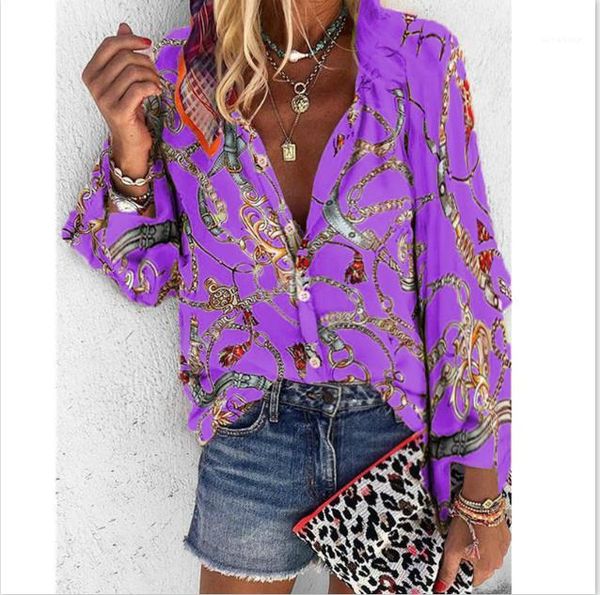 

womens shirts fashion plus size long sleeve blouses casual single breasted womens designer chain printed, White