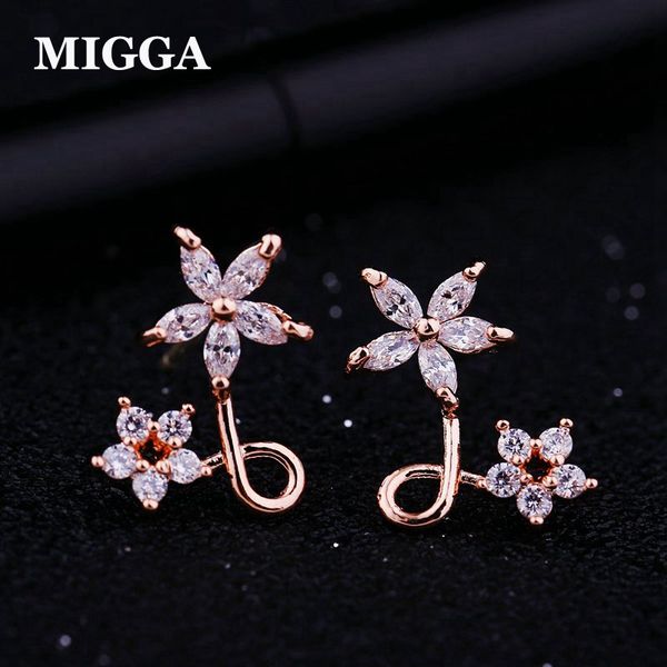 

migga delicate cubic zircon crystal flower stud earrings for women girls gift brincos rose gold color, Golden;silver