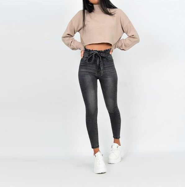 

designer jeans fashion ruffled high waisted black long jeans with sashes casual womens designer pants autumn new women, Blue