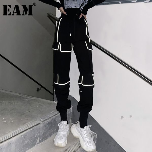 

eam] high elastic waist black pocket long wide leg trousers new loose fit pants women fashion tide spring autumn 2020 1db269, Black;white