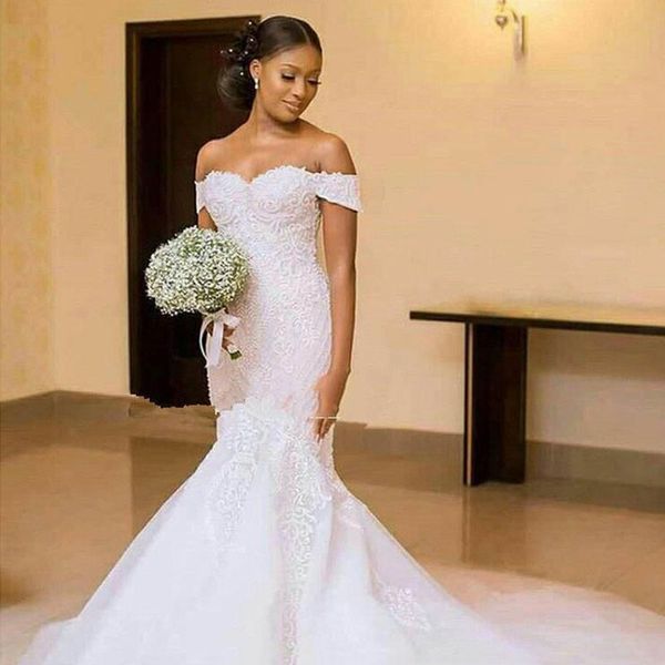 

sweetheart mermaid wedding dress appliques lace off the shoulder bridal gown sweep train plus sizes formal robes de mariée 2020, White