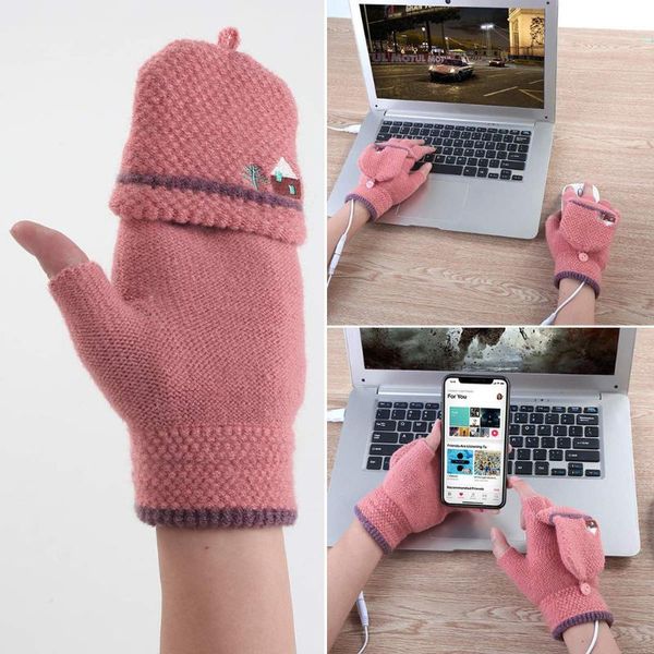 

ishowtienda fashion gloves women men lapusb heated mitten half finger winter warm knit hand gloves gh6, Blue;gray