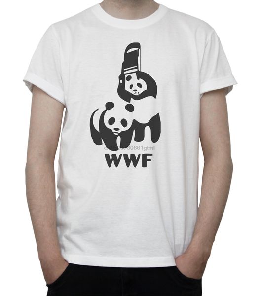 

wwf funny logo t-shirt pandas wrestling world wildlife animal fund white grey