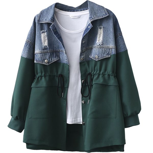 

women trench coat 2020 spring autumn clothes stitching hole denim coats plus size 4xl casual overcoat windbreaker female, Tan;black