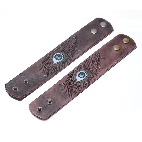

doreenbeads vintage light coffee dark brown color peacock feather wide pu leather bracelet bangles for men adjustable, 1 piece, Black