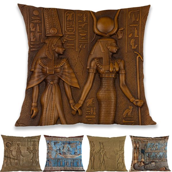 

ancient egypt murals portrait hieroglyphs pharaoh was-scepter pattern pillow case home gallery sofa decoration cushion cover