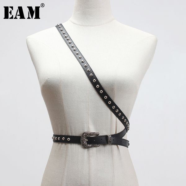 

eam] pu leather metal buckle black rivet spit joint long thin belt personality women new fashion all-match spring 2020 1t177, Black;brown