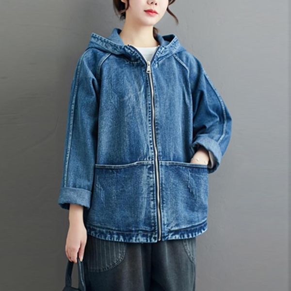 

Plus Size Embroidery Jeans Jacket Korean Long Sleeves Hooded Zipper Denim Jacket Women 2020 New Autumn Winter Windbreaker Female