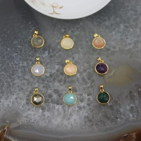 

charms 9 stones choice,flat round earrings bulk,faceted coin agates quartz labradorite amethysts moonstone pendants necklace, Bronze;silver