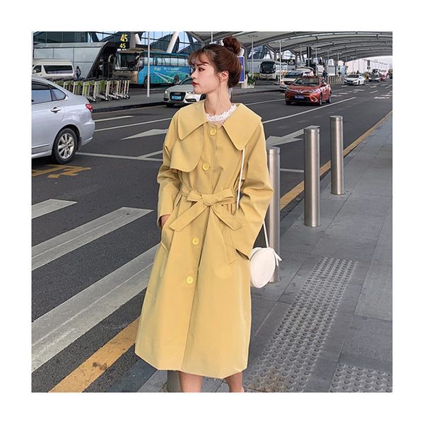 

2020 new windbreaker ladies spring autumn doll collar fashion waist single breasted yellow coat over knee long trench coat d7, Black