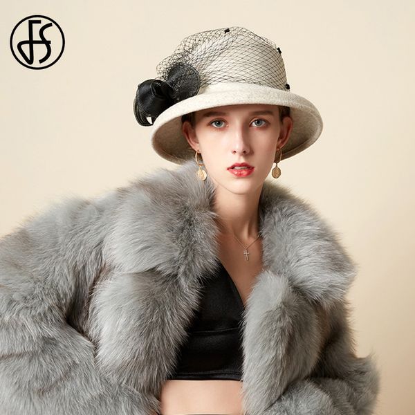 

fs элегантный женщины шерсть cloche bowler cap winter party формальные hat урожай теплый войлока женские платья шляпы white mesh bowknot, Blue;gray