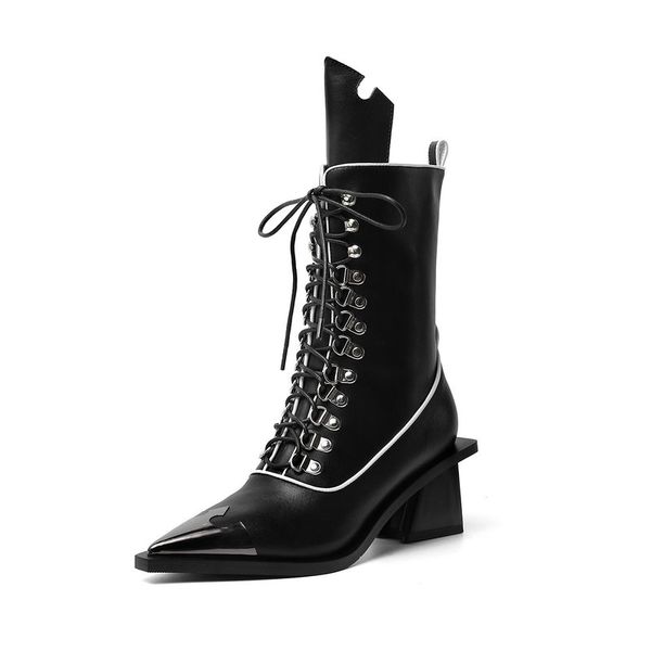 

2020 женщины марки midcalf boots sexy toe остроконечной осень зима металл toe партия танцы обувь женщина высокие сапоги из натуральной кожи, Black