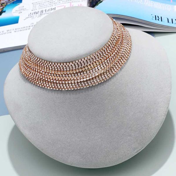 

chokers classic crystal multilayer gold silver color bling choker necklace for women trendy rhinestone collar jewelry, Golden;silver