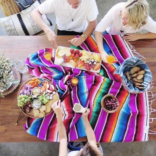 

blankets mexico table runne sofa cover with tassel ethnic-style beach blanket handmade striped picnic